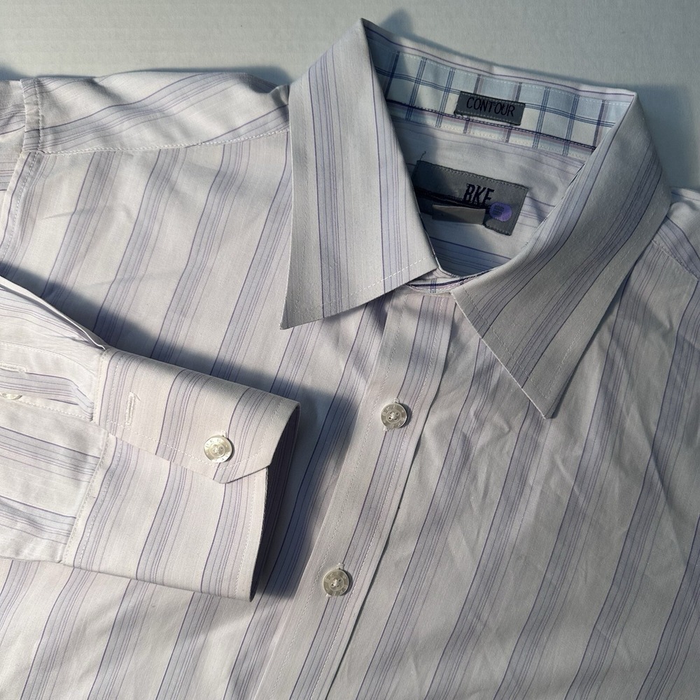 BKE Contour Fit Dress Shirt Mens L Purple White Striped Button Up Long Sleeve